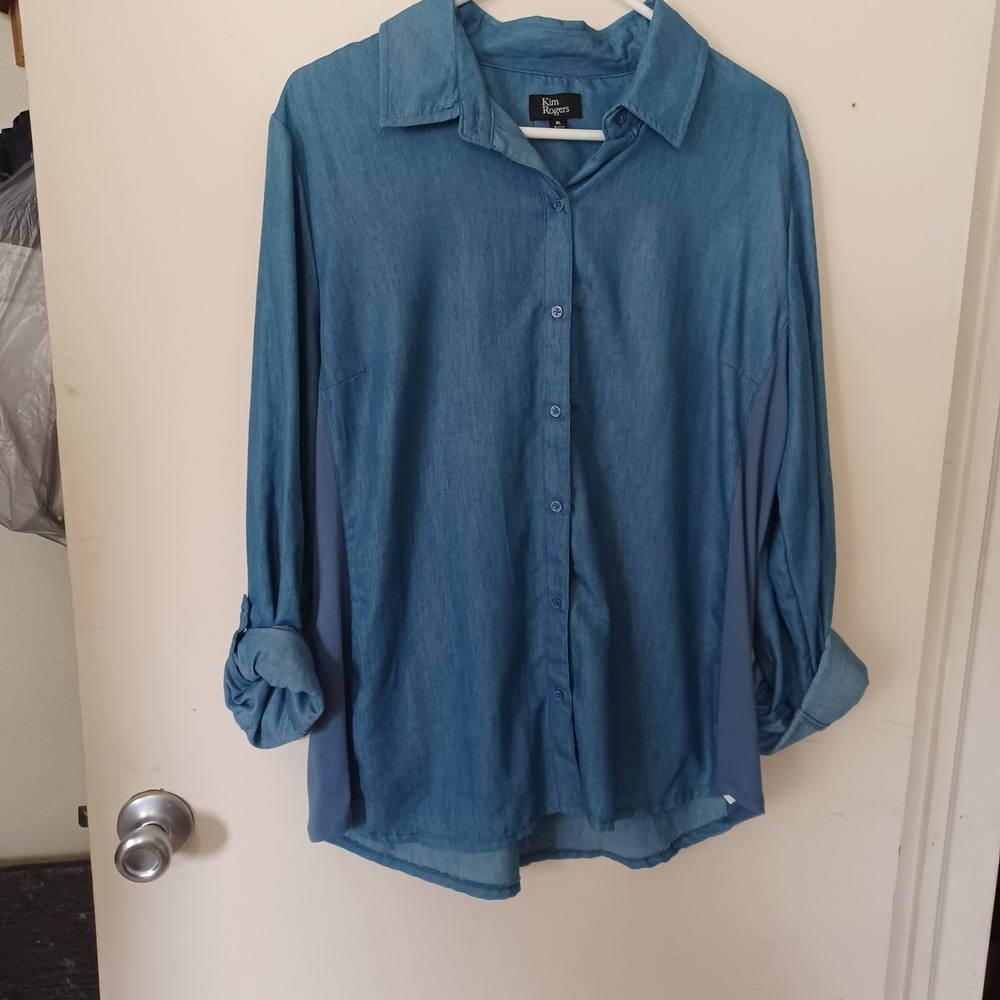 Kim Rogers Button Down Shirt Womens XL Blue Mixed Media Knit Panel Long Sleeve